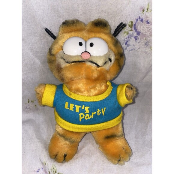 Dakin Garfield Cat Plush Stuffed Animal in Blue Lets Party Shirt VTG 1981 7" - Picture 1 of 3
